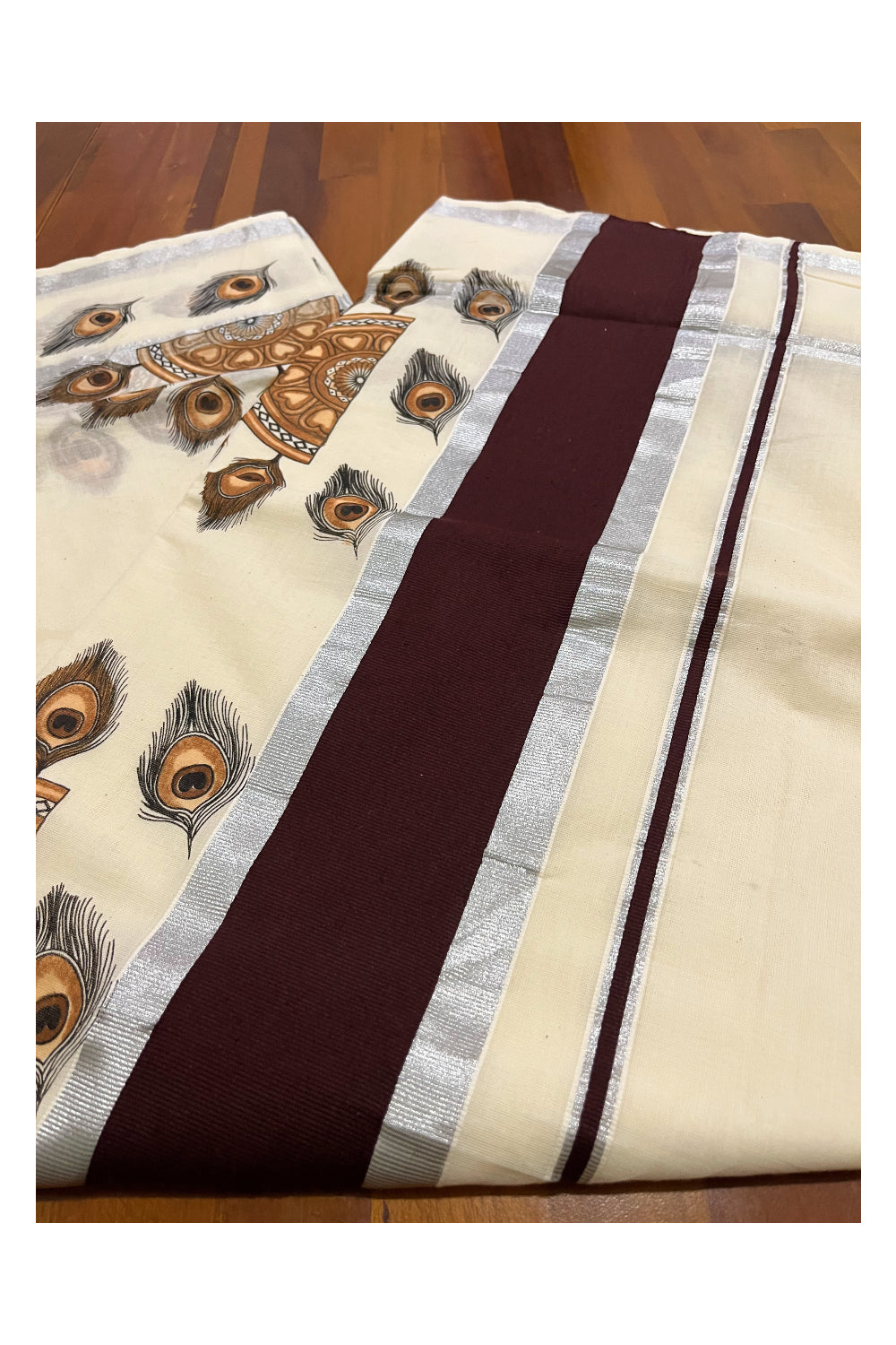 Pure Cotton Kerala Saree with Brown Peacock Feather Semi Circle Mural Prints and Silver Brown Border