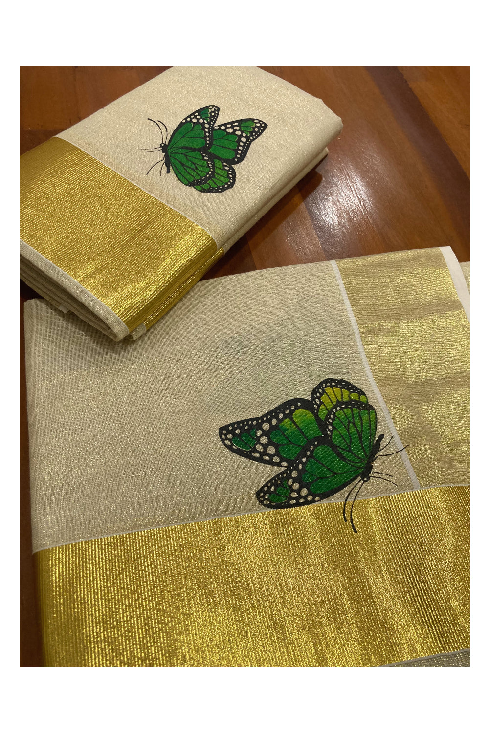 Kerala Tissue Kasavu Set Mundu (Mundum Neriyathum) with Green Butterfly Mural Printed Design 2.80 Mtrs