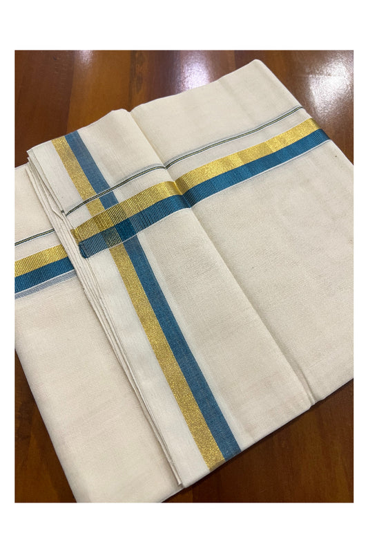 Southloom Balaramapuram Handloom Pure Cotton Mundu with Golden and Light Blue Kasavu Border (South Indian Dhoti)