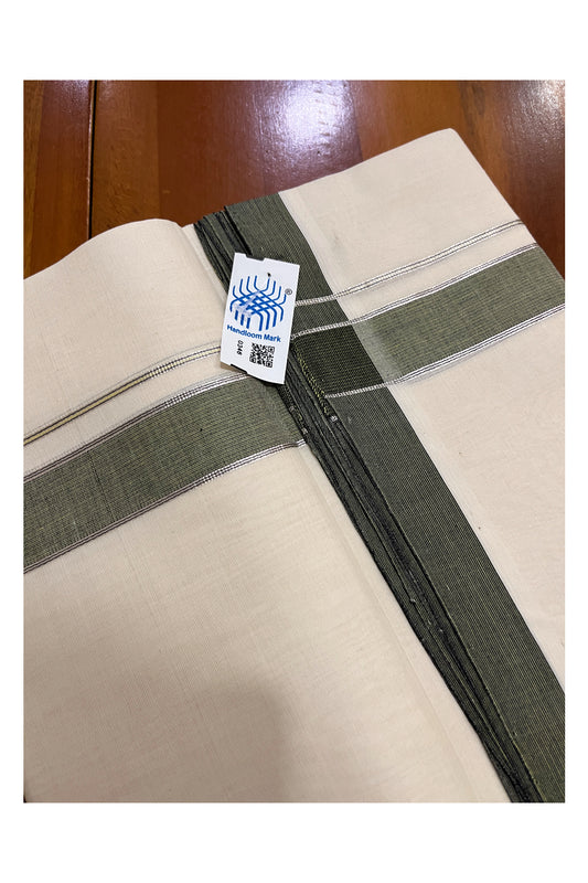 Southloom Premium Unakkupaavu Handloom Mundu with Silver Kasavu and Green Border (South Indian Kerala Dhoti)