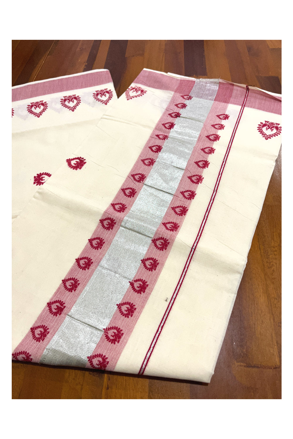 Pure Cotton Kerala Saree with Red Peacock Block Prints on Silver Kasavu Border