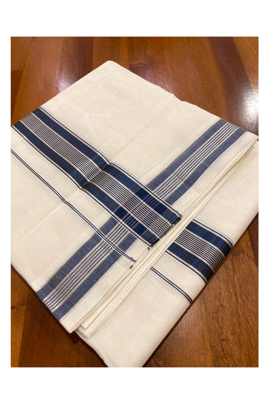 Southloom Premium Handloom Cotton Off White Mundu with Silver and Navy Blue Kasavu Border (South Indian Dhoti)