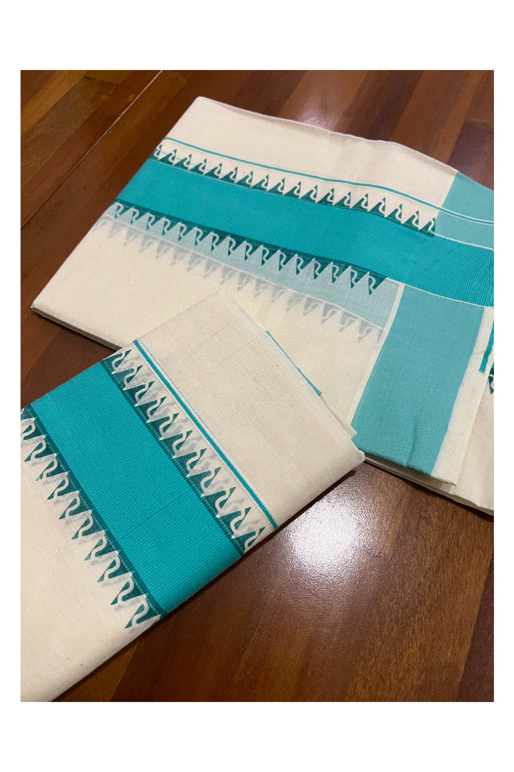Pure Cotton Set Mundu (Mundum Neriyathum) with Turquoise Temple Block Prints Border