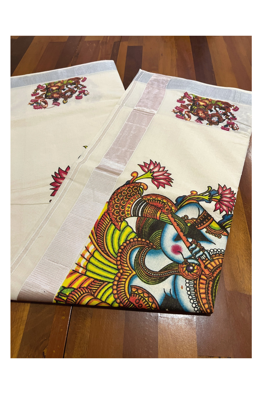 Kerala Pure Cotton Saree with Krishna Radha Mural Prints and Silver Border