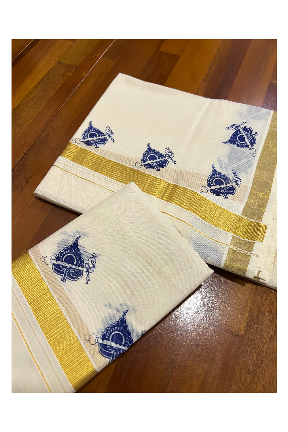 Kerala Cotton Kasavu Set Mundu (Mundum Neriyathum) with Blue Block Prints