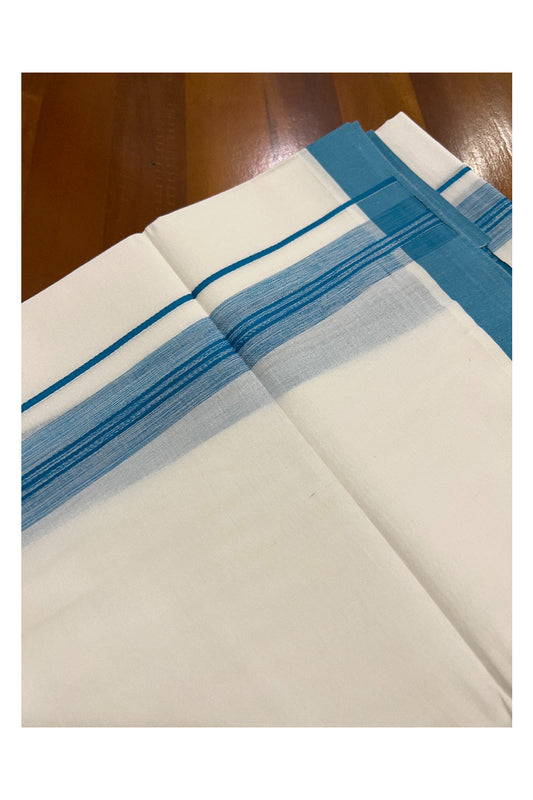 Pure White Kerala Cotton Double Mundu with Light Blue Border (South Indian Dhoti)