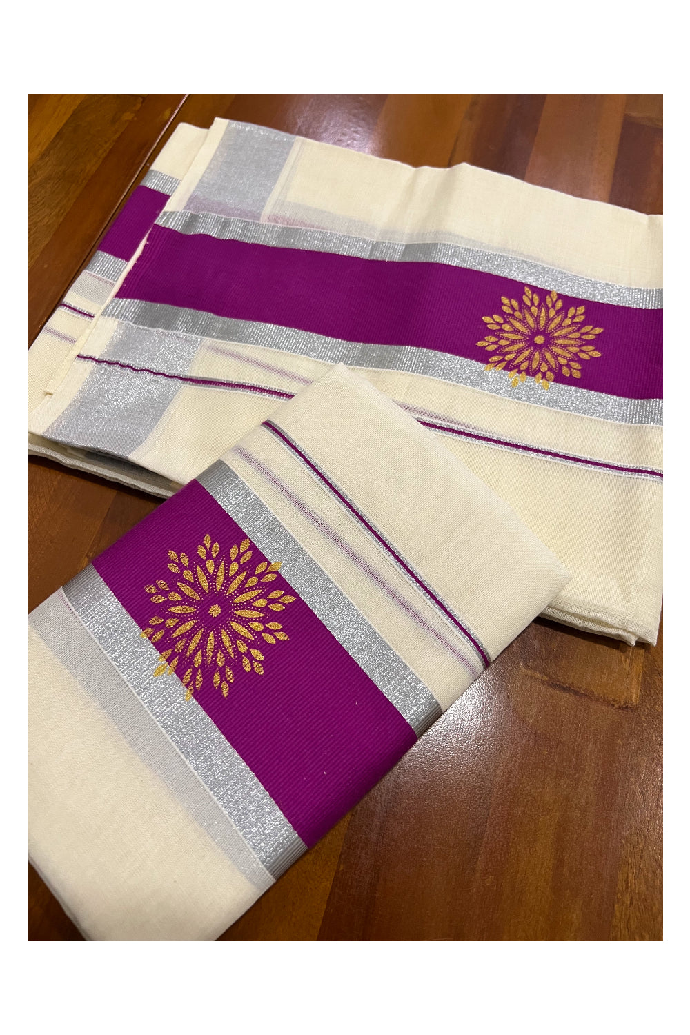 Pure Cotton Kerala Silver Kasavu Set Mundu (Mundum Neriyathum) with Floral Block Prints on Magenta Border