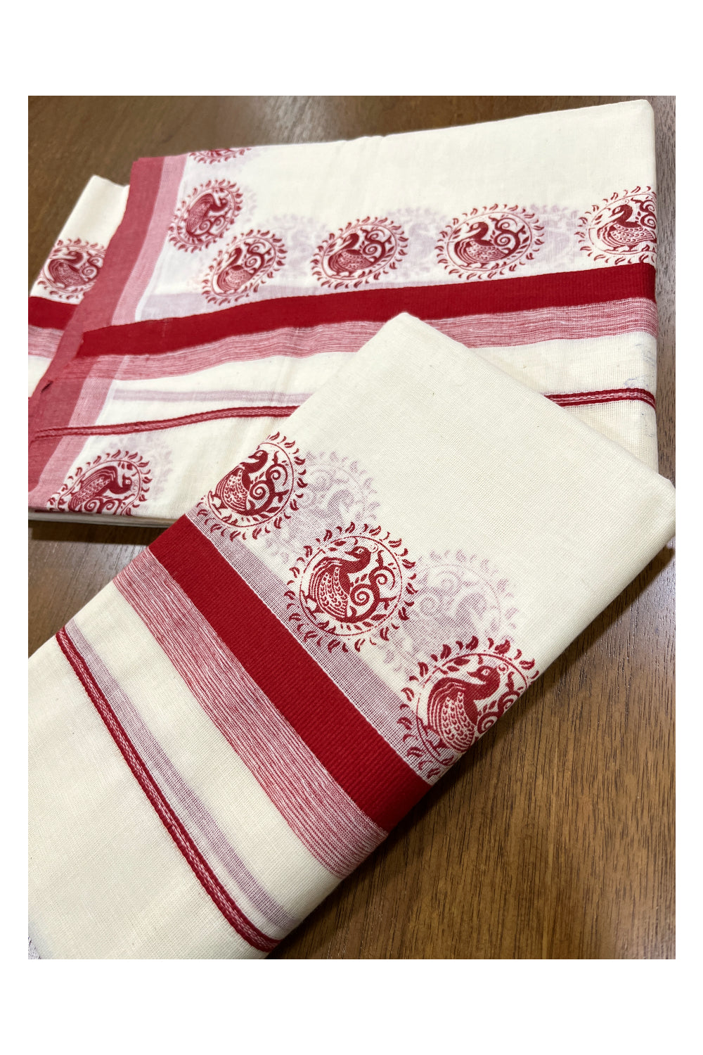 Kerala Cotton Single Set Mundu (Mundum Neriyathum) with Red Peacock Block Prints on Border