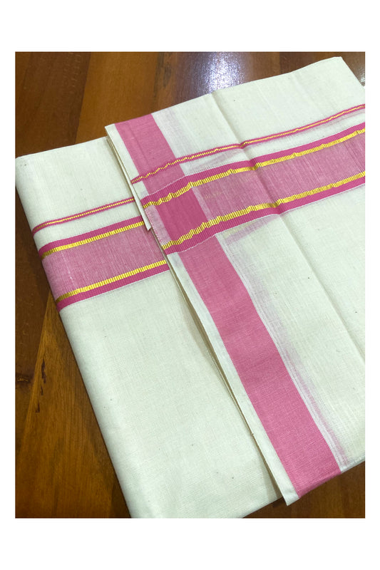 Off White Pure Cotton Double Mundu with Kasavu and Pink Border (South Indian Dhoti)