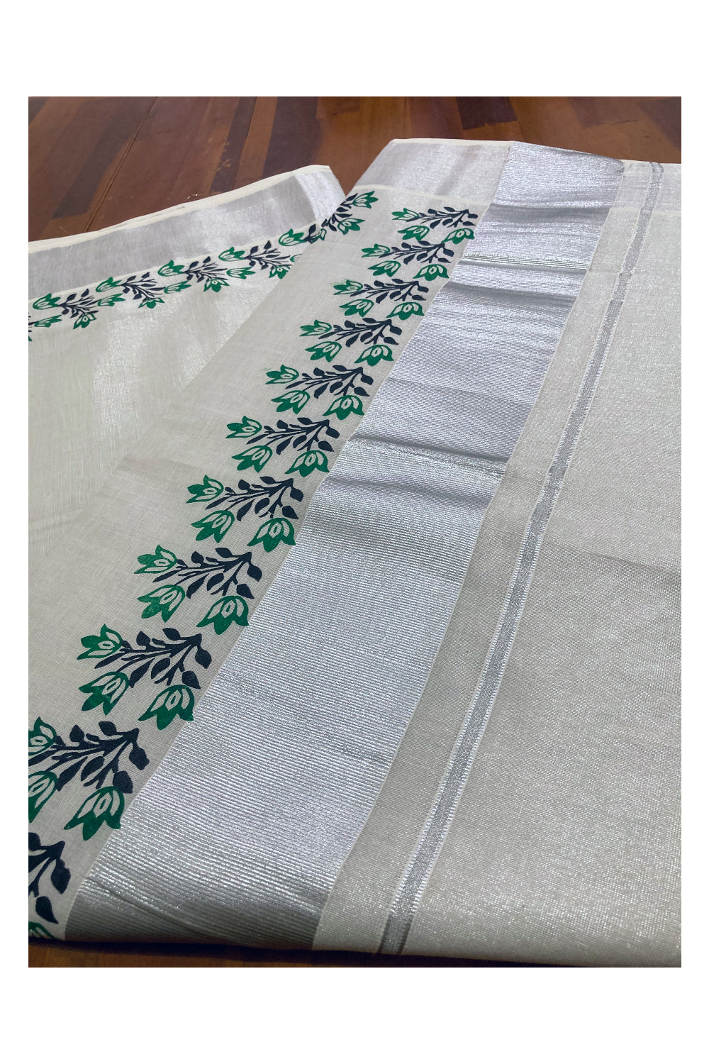 Kerala Silver Tissue Kasavu Saree with Green and Black Block Prints