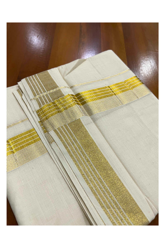 Off White Pure Cotton Double Mundu with Kasavu Lines Border (South Indian Dhoti)