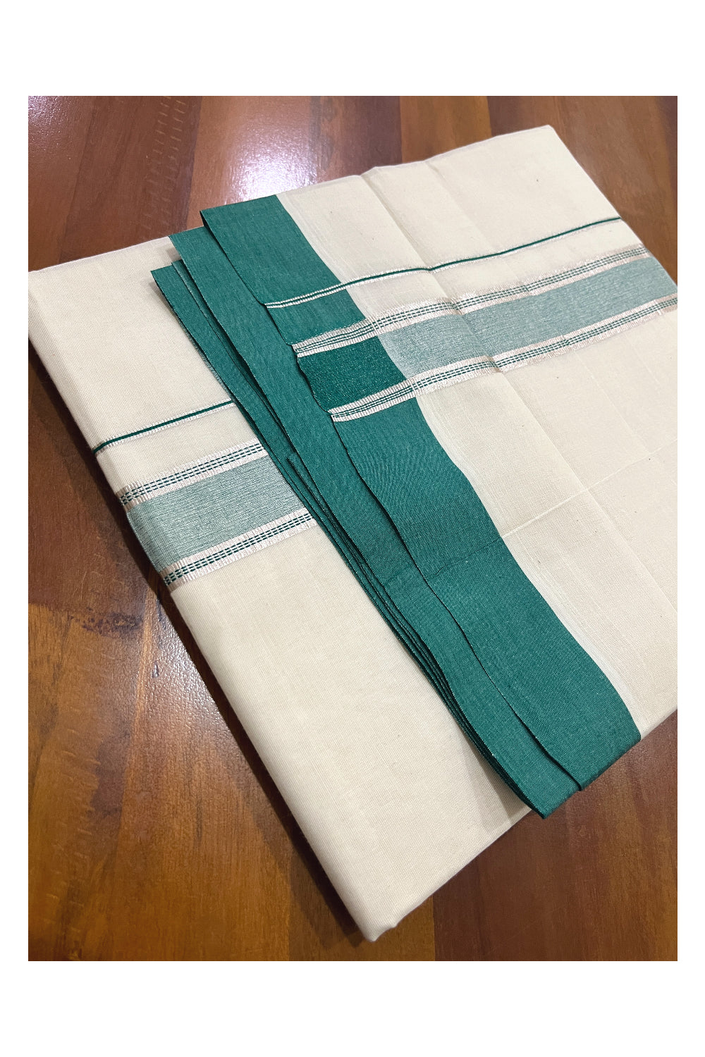 Pure Cotton Off White Double Mundu with Green and Silver Kara (South Indian Dhoti)