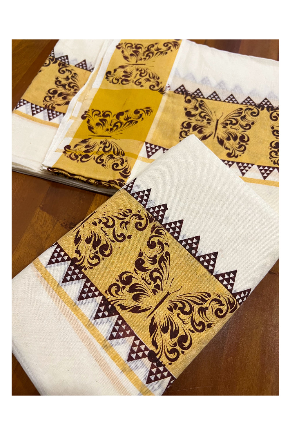 Kerala Cotton Set Mundu (Mundum Neriyathum) with Brown Butterfly Temple Block Prints on Yellow Border