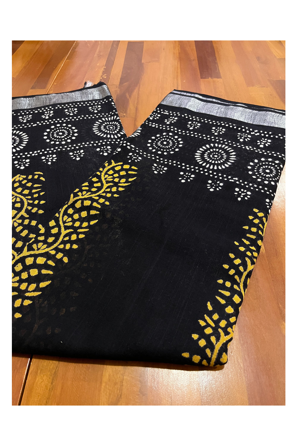 Southloom Linen Designer Black Saree with Yellow White Fabric Prints on Body and Tassels Works