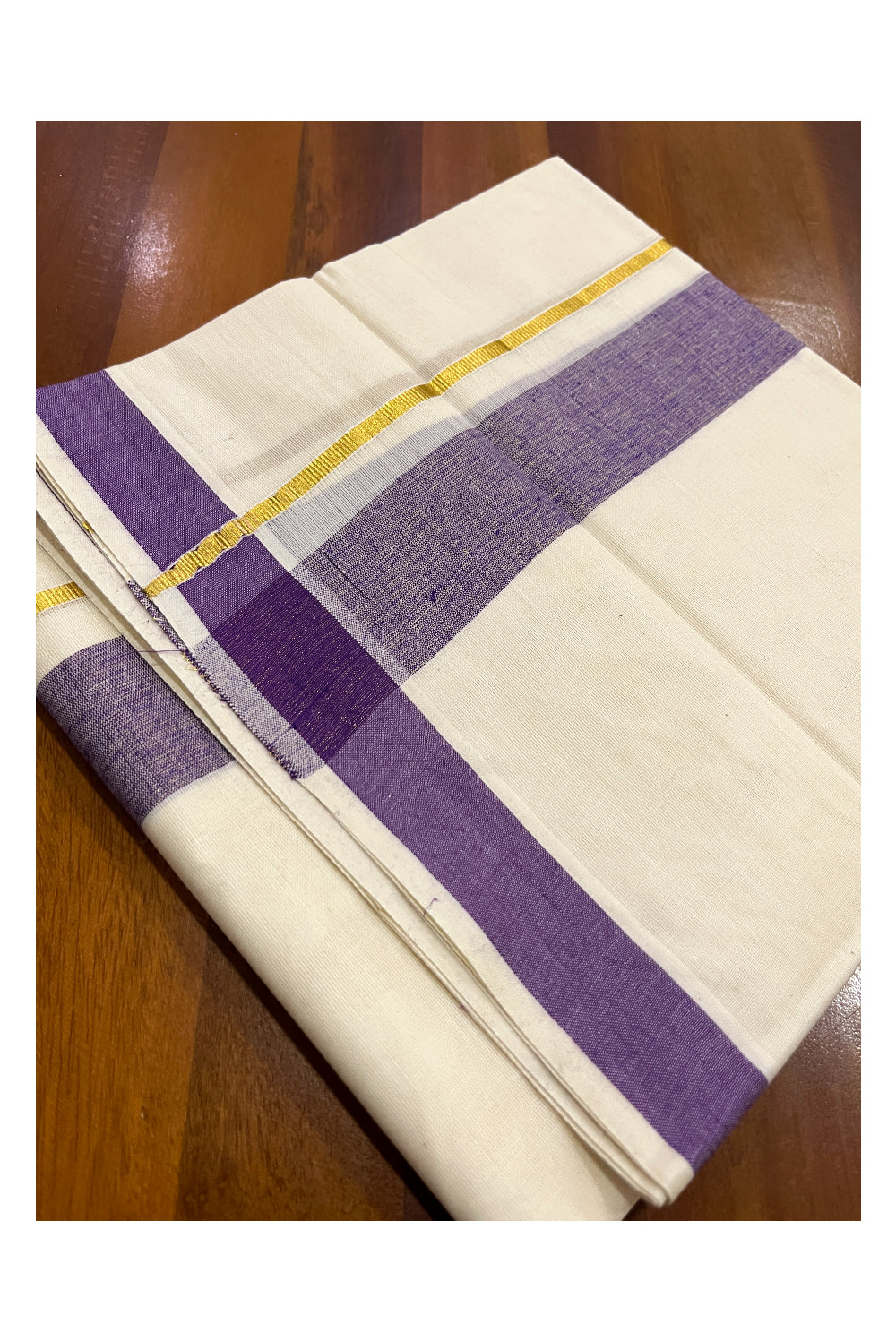 Pure Cotton Double Mundu with Kasavu Violet Kara (South Indian Dhoti)