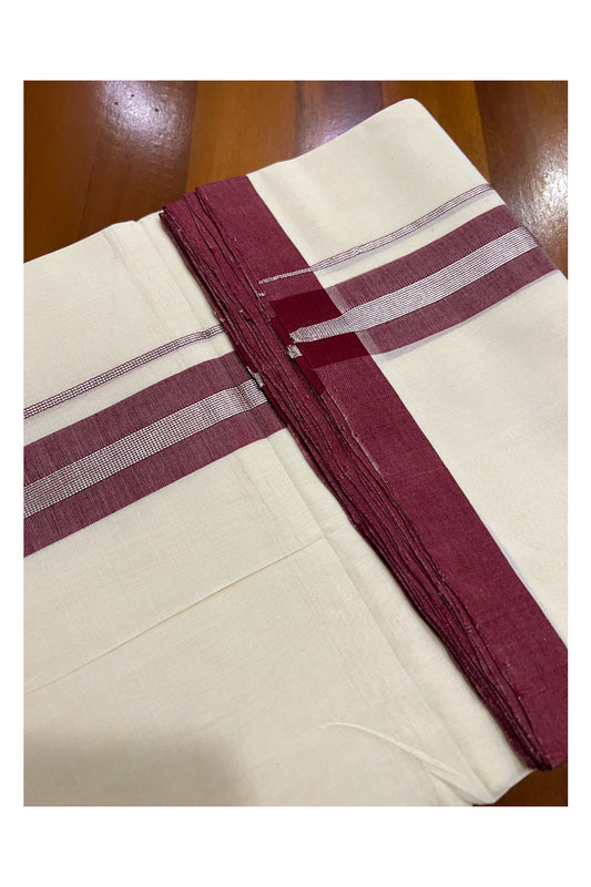 Southloom Super Premium Unakkupaavu Handloom Double Mundu with Maroon and Silver Kasavu Border