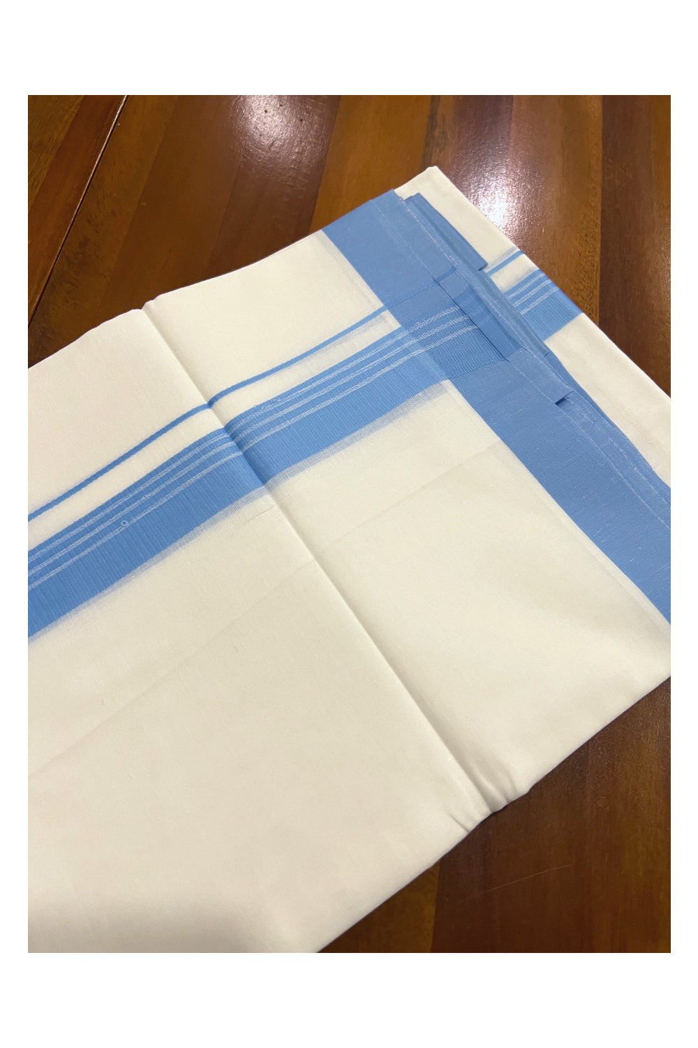 Pure White Cotton Double Mundu with Light Blue Border (South Indian Dhoti)