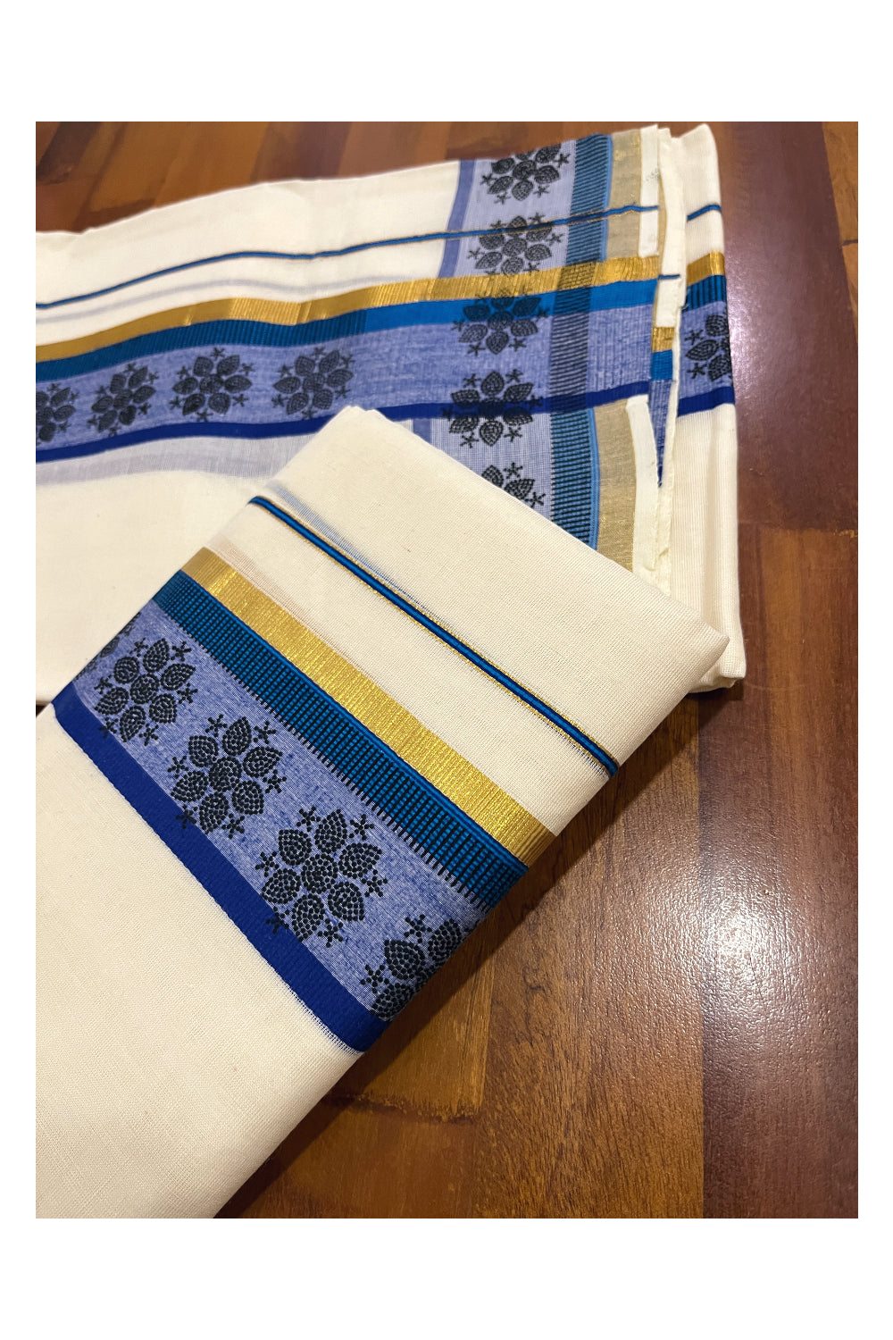 Kerala Cotton Single Kasavu Set Mundu (Mundum Neriyathum) with Block Prints on Blue Border