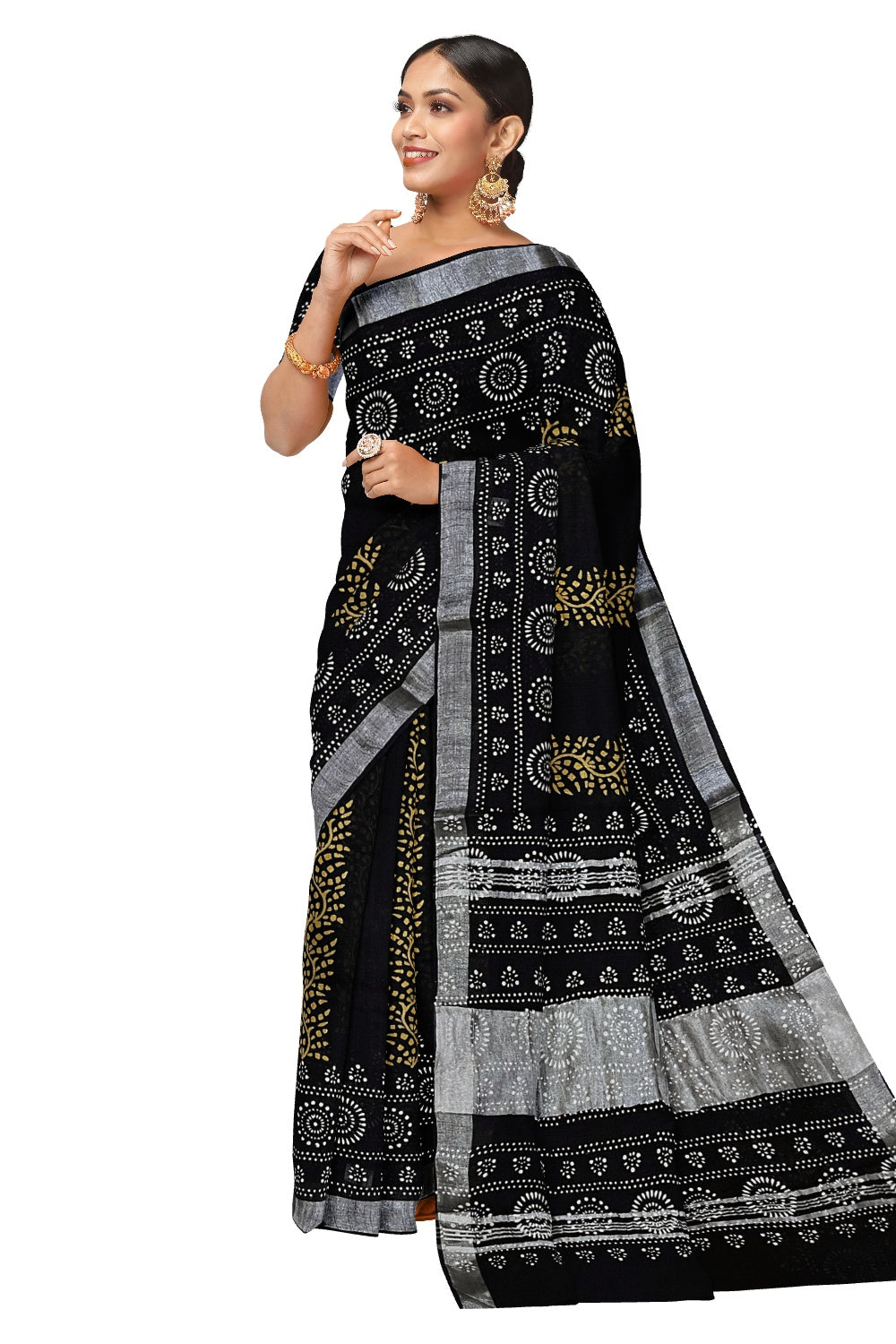 Southloom Linen Designer Black Saree with Yellow White Fabric Prints on Body and Tassels Works