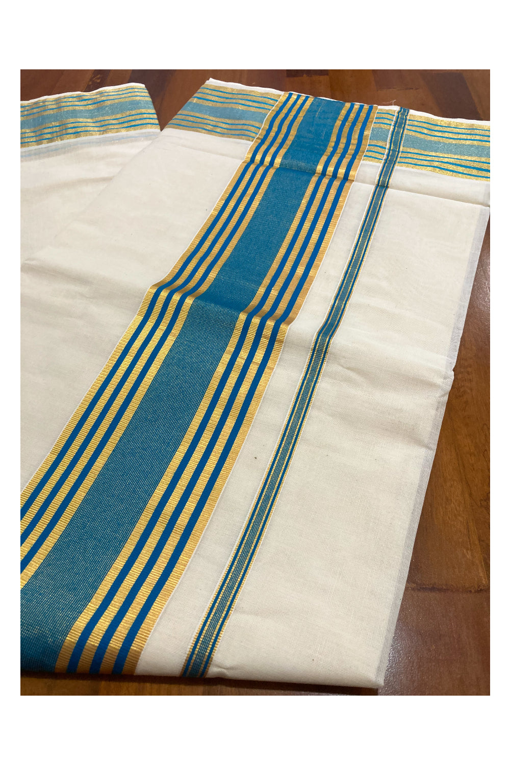 Kerala Pure Cotton Plain Saree with Kasavu and Blue Border