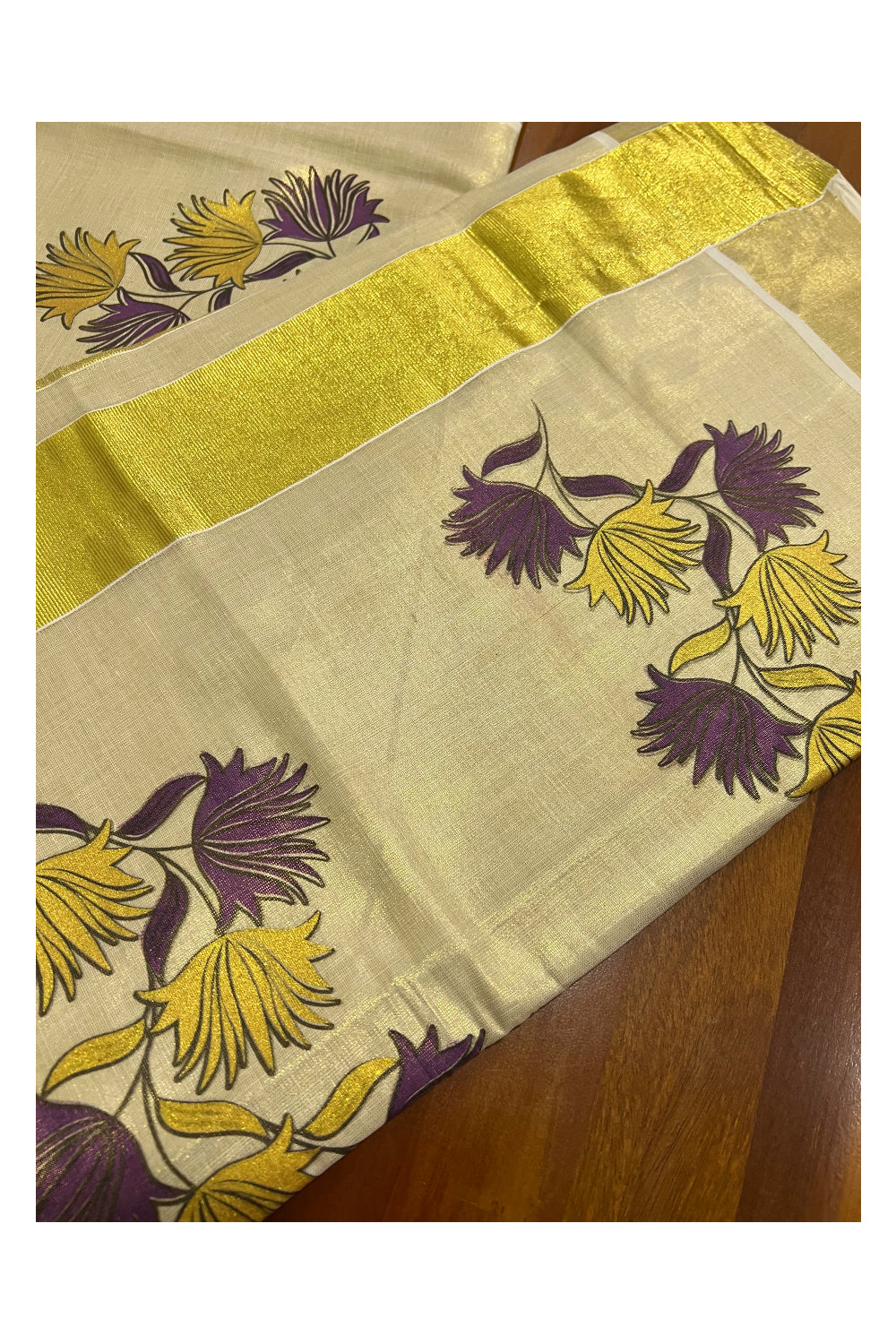 Kerala Tissue Kasavu Saree With Mural Printed Purple and Yellow Floral Design
