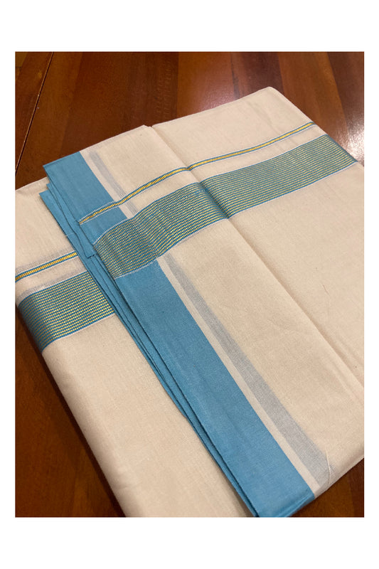 Off White Kerala Double Mundu with Kasavu and Aqua Blue Line Border (South Indian Dhoti)