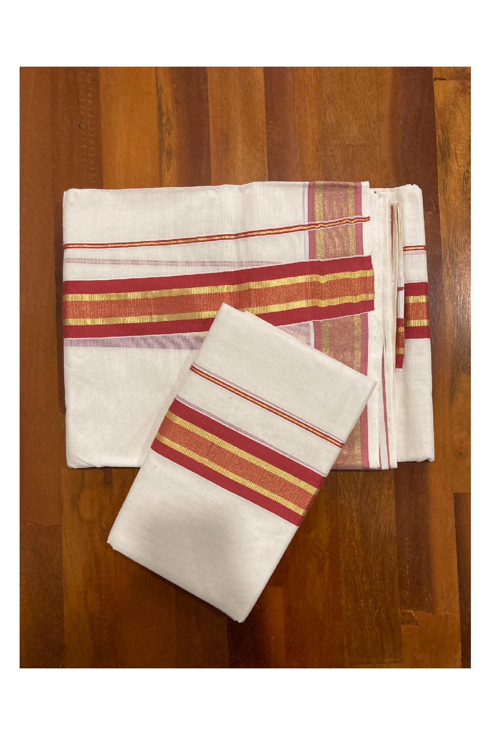 Kerala Cotton Mundum Neriyathum Double (Set Mundu) with Brick Red and Kasavu Border