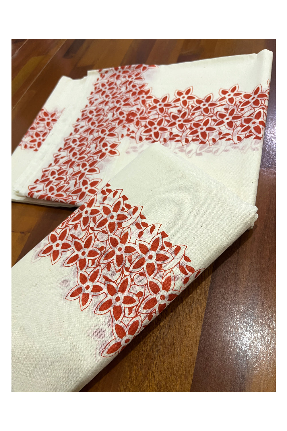 Kerala Cotton Set Mundu (Mundum Neriyathum) with Orange Floral Block Printed Border