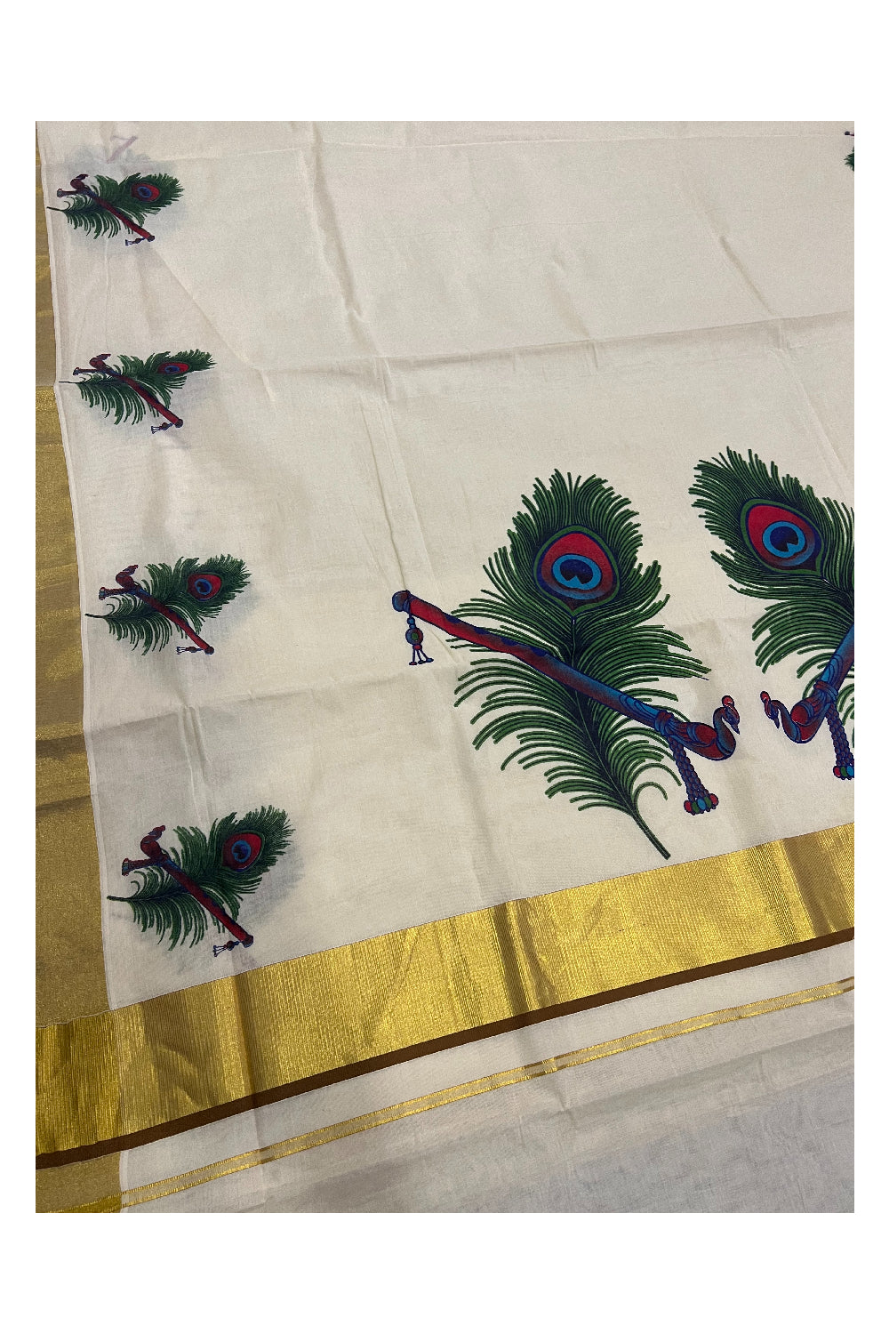 Kerala Pure Cotton Kasavu Saree with Mural Flute and Feather Printed and Light Brown Border