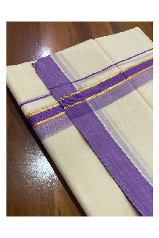 Pure Cotton Off White Double Mundu with Violet and Kasavu Border (South Indian Dhoti)