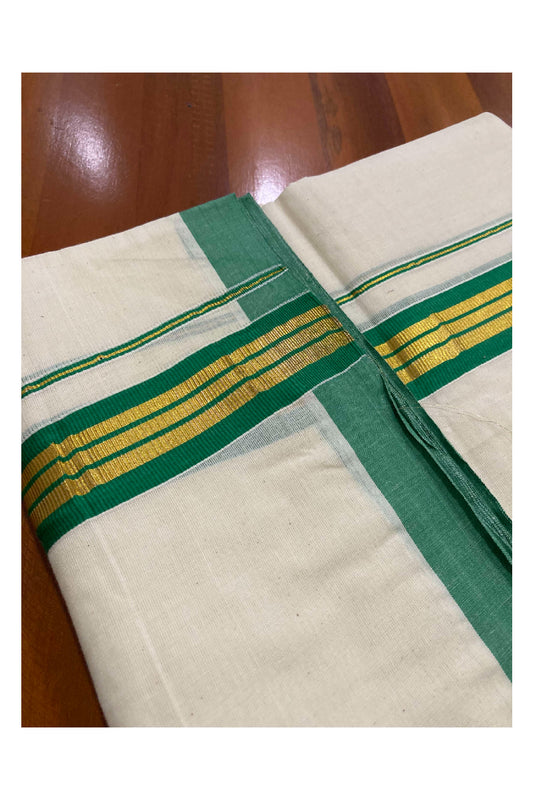 Off White Cotton Mundu with Green and Kasavu Border (South Indian Dhoti)