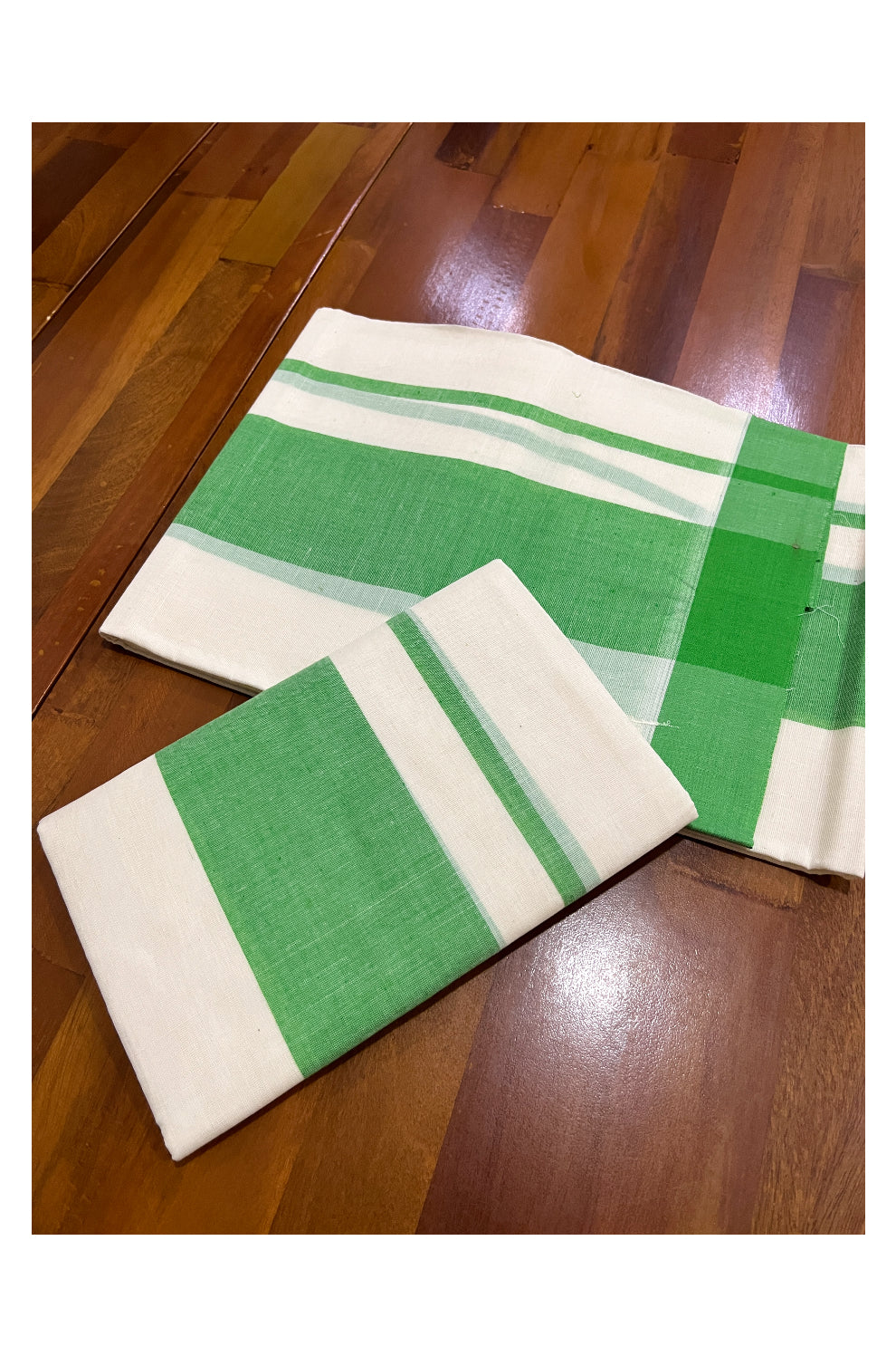 Pure Cotton Single Set Mundu (Mundum Neriyathum ) with Green Border