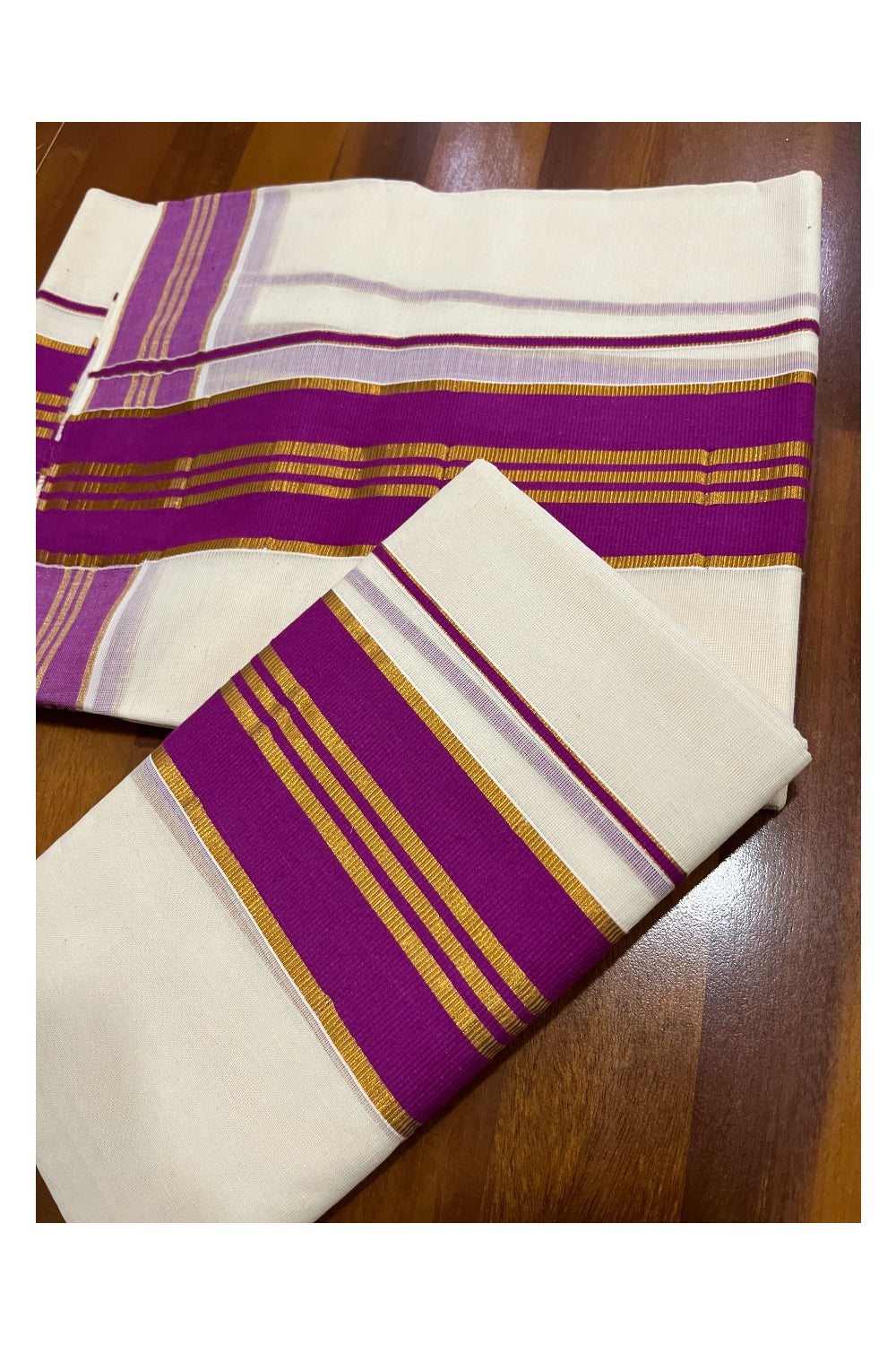 Pure Cotton Kerala Single Set Mundu (Mundum Neriyathum) with Magenta and Kasavu Border