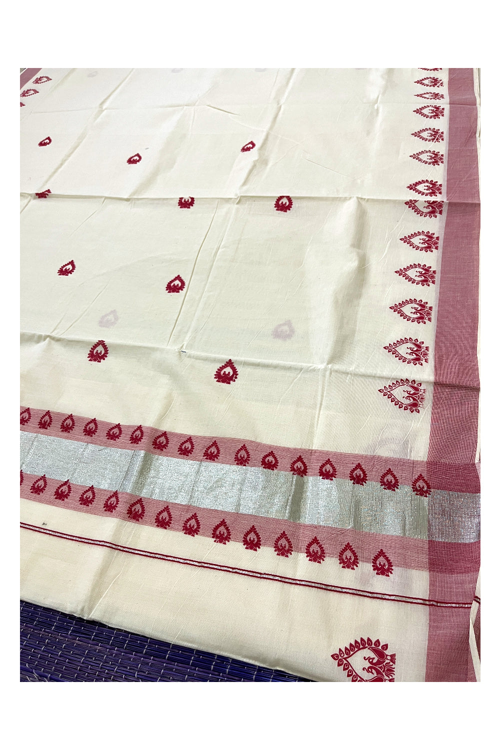 Pure Cotton Kerala Saree with Red Peacock Block Prints on Silver Kasavu Border