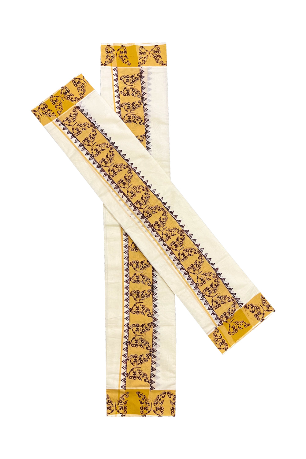 Kerala Cotton Set Mundu (Mundum Neriyathum) with Brown Butterfly Temple Block Prints on Yellow Border