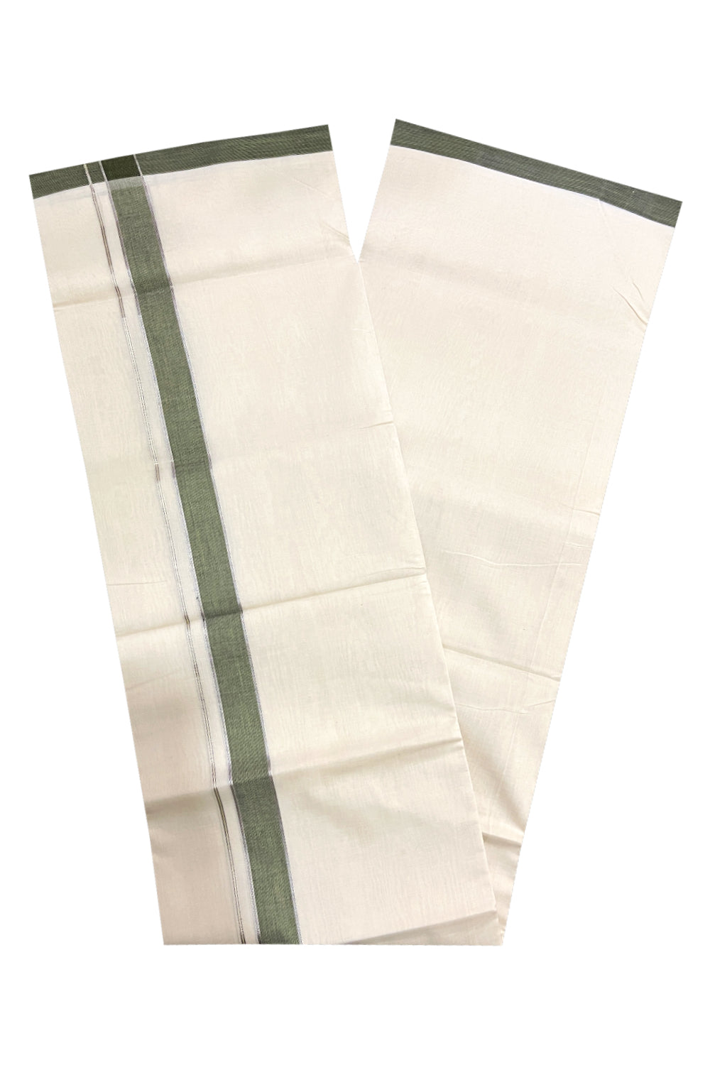 Southloom Premium Unakkupaavu Handloom Mundu with Silver Kasavu and Green Border (South Indian Kerala Dhoti)