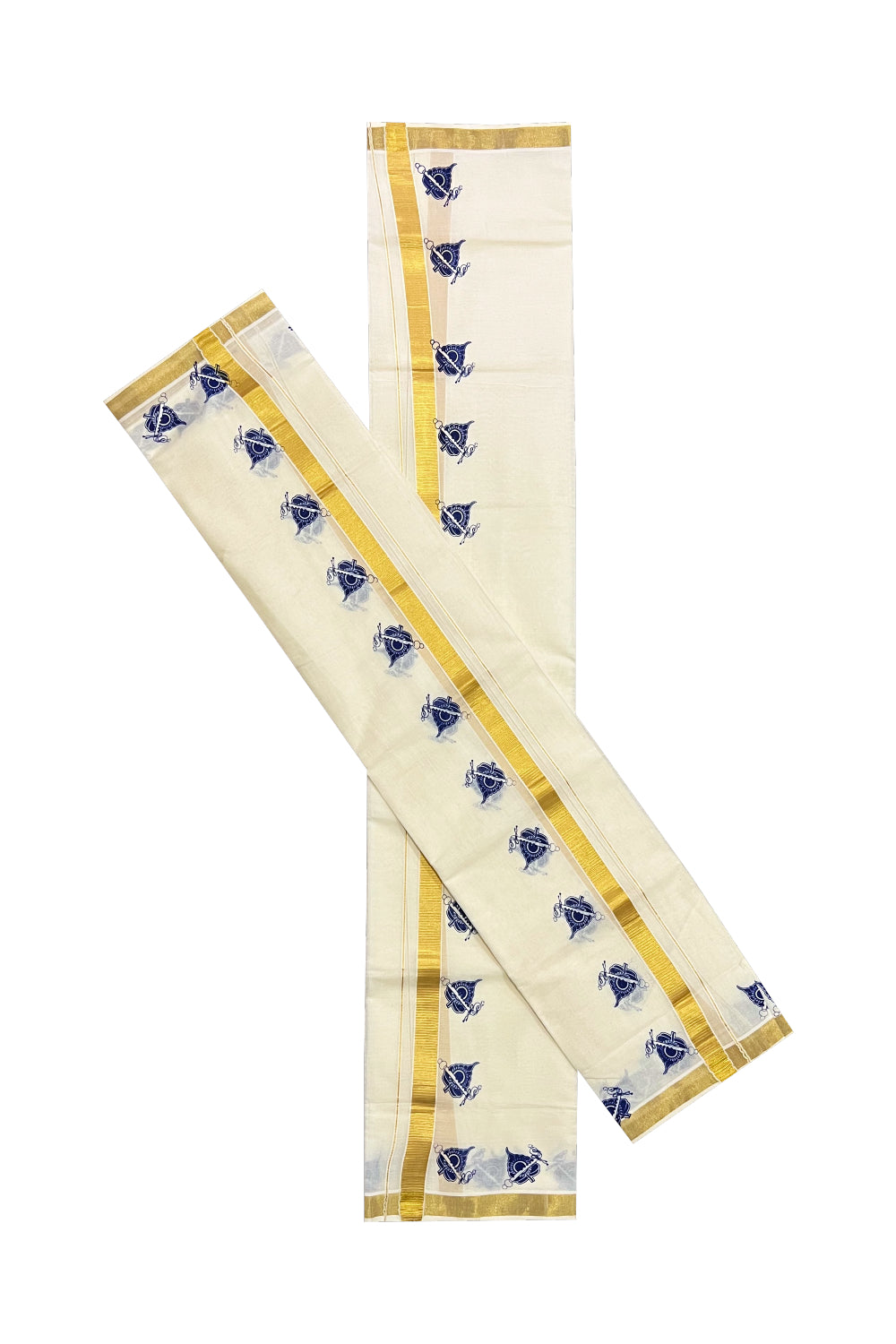 Kerala Cotton Kasavu Set Mundu (Mundum Neriyathum) with Blue Block Prints