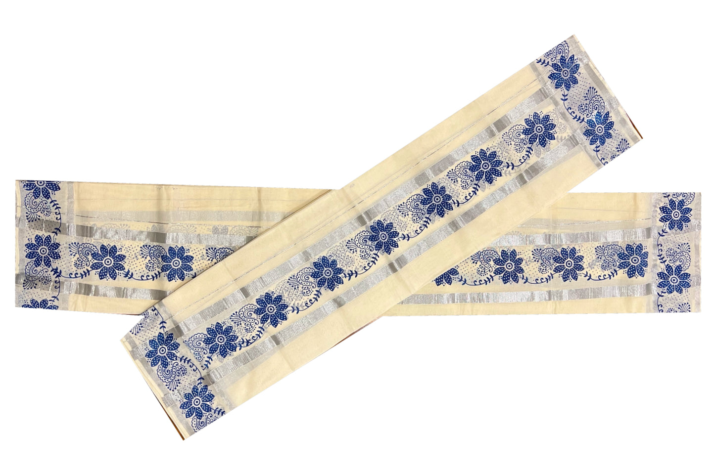 Kerala Cotton Silver Kasavu Set Mundu (Mundum Neriyathum) with Blue Floral Block Print Border