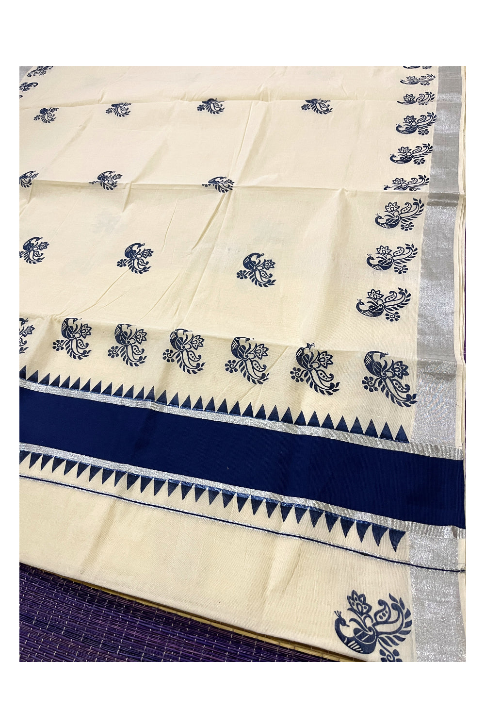 Pure Cotton Kerala Saree with Blue Peacock Block Prints and Silver Kasavu Temple Border (Vishu Saree 2023)