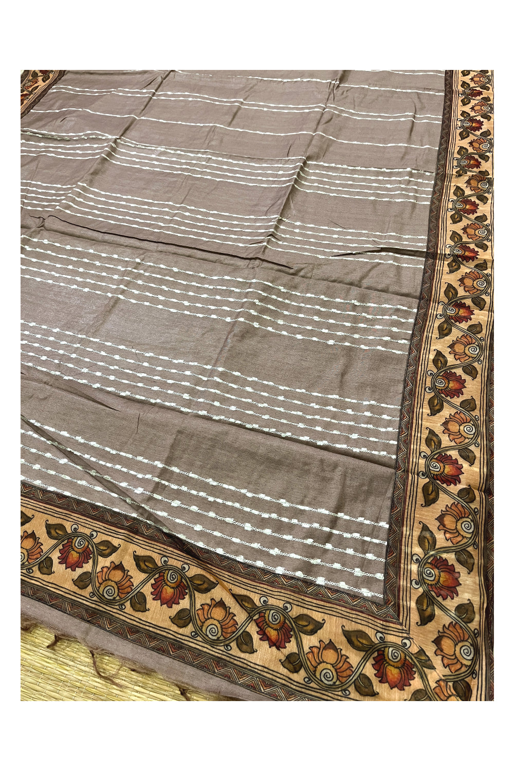 Southloom Art Silk Brown Saree with Kalamkari Works on Border