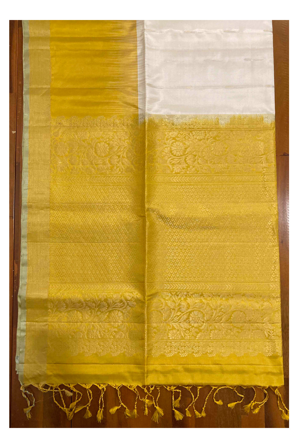 Southloom Handloom Pure Silk Kanchipuram Saree in Cream and Yellow Zari Motifs