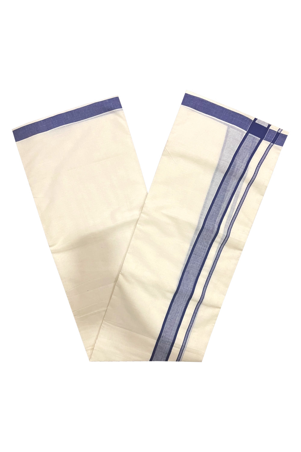 Pure Cotton Off White Double Mundu with Blue Border (South Indian Dhoti)