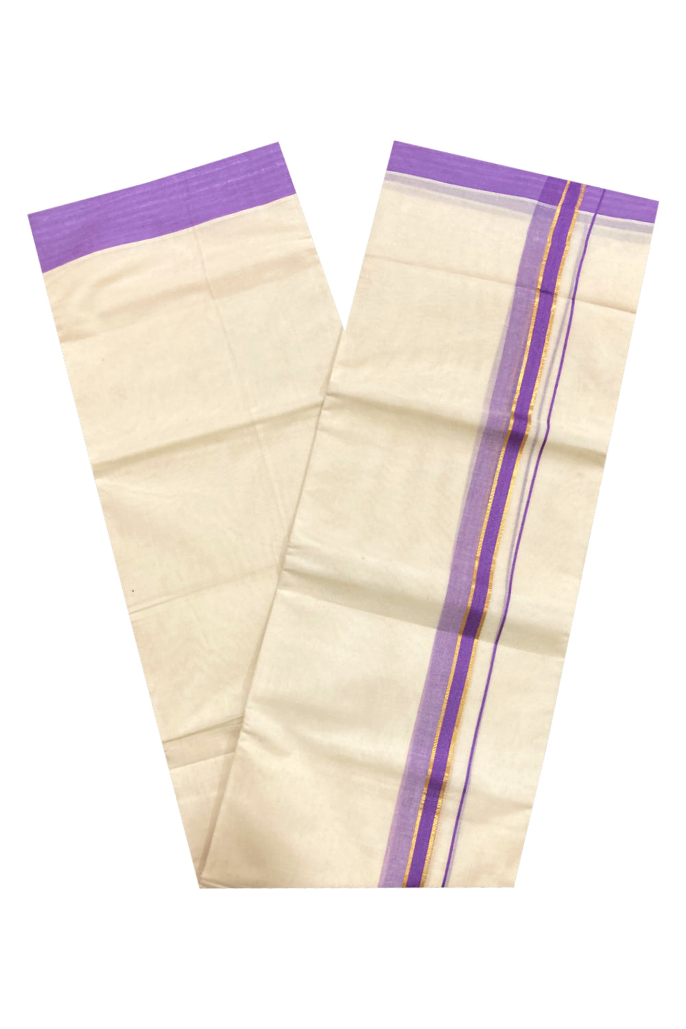 Pure Cotton Off White Double Mundu with Violet and Kasavu Border (South Indian Dhoti)