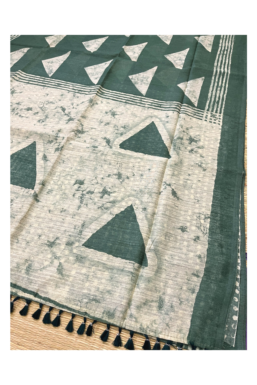 Southloom Art Silk Saree with Green and Beige Prints on Body