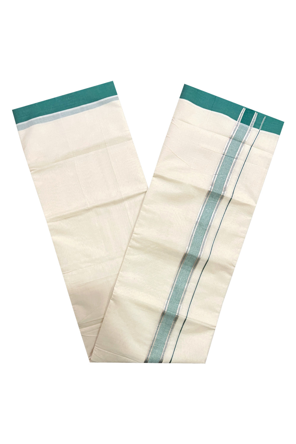 Pure Cotton Off White Double Mundu with Green and Silver Kara (South Indian Dhoti)