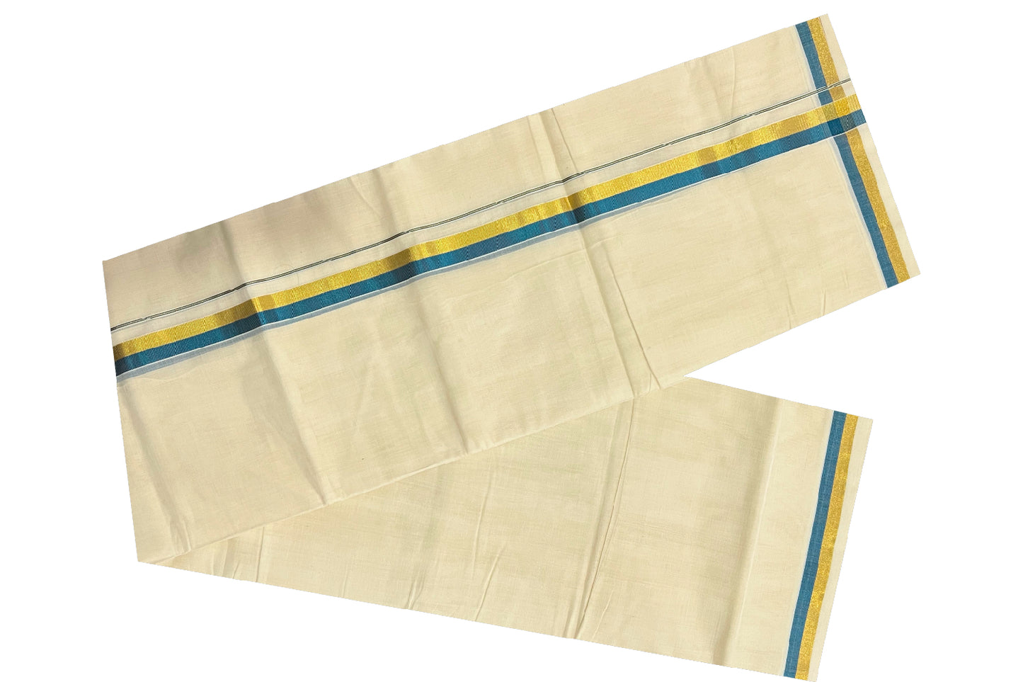 Southloom Balaramapuram Handloom Pure Cotton Mundu with Golden and Light Blue Kasavu Border (South Indian Dhoti)