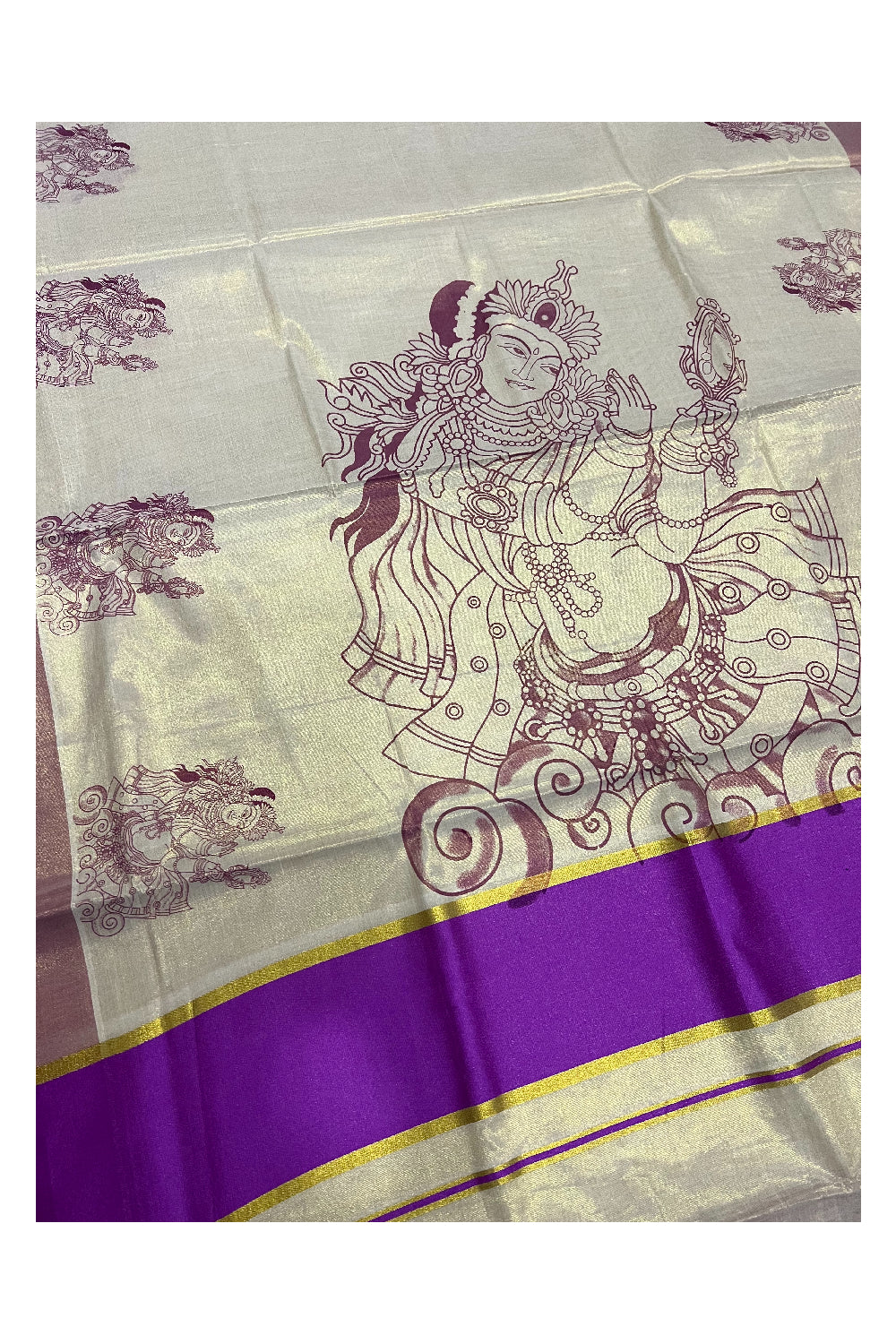 Kerala Tissue Kasavu Mural Printed Saree with Devi Design and Magenta Border