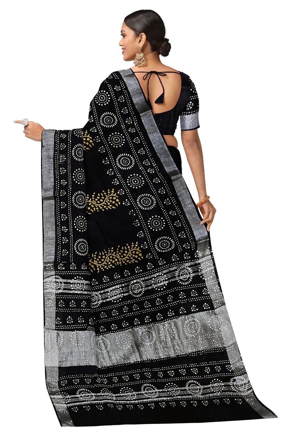 Southloom Linen Designer Black Saree with Yellow White Fabric Prints on Body and Tassels Works