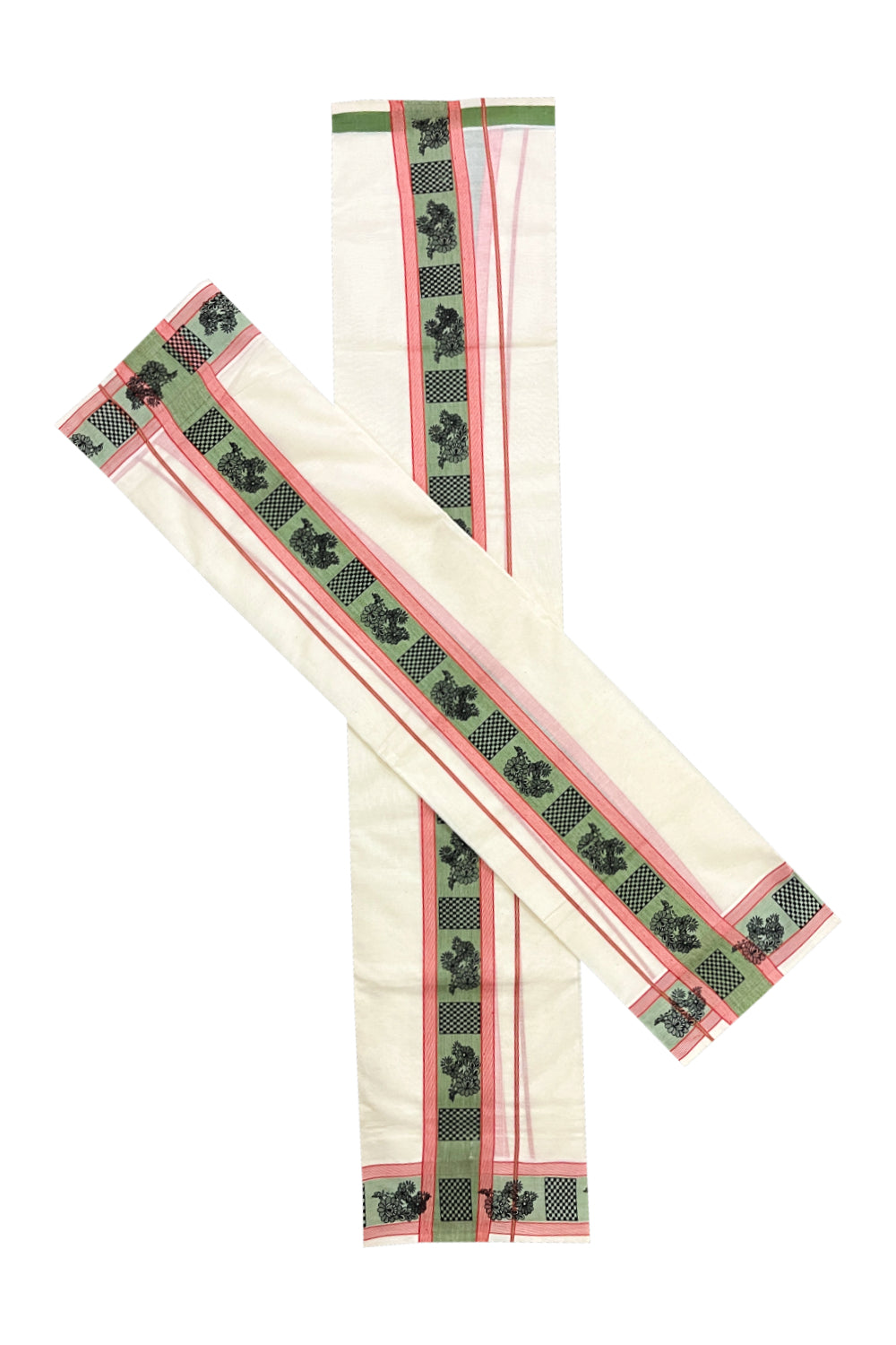 Kerala Cotton Single Set Mundu (Mundum Neriyathum) with Black Block Prints on Green Red Border