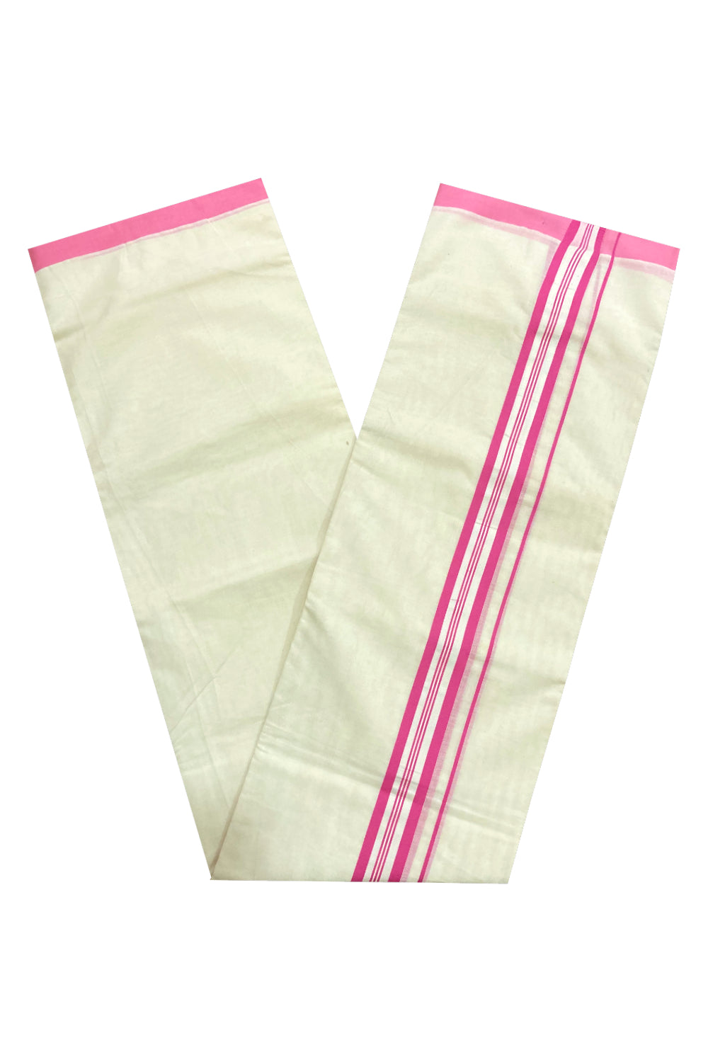 Off White Pure Cotton Double Mundu with Pink and White Border (South Indian Dhoti)